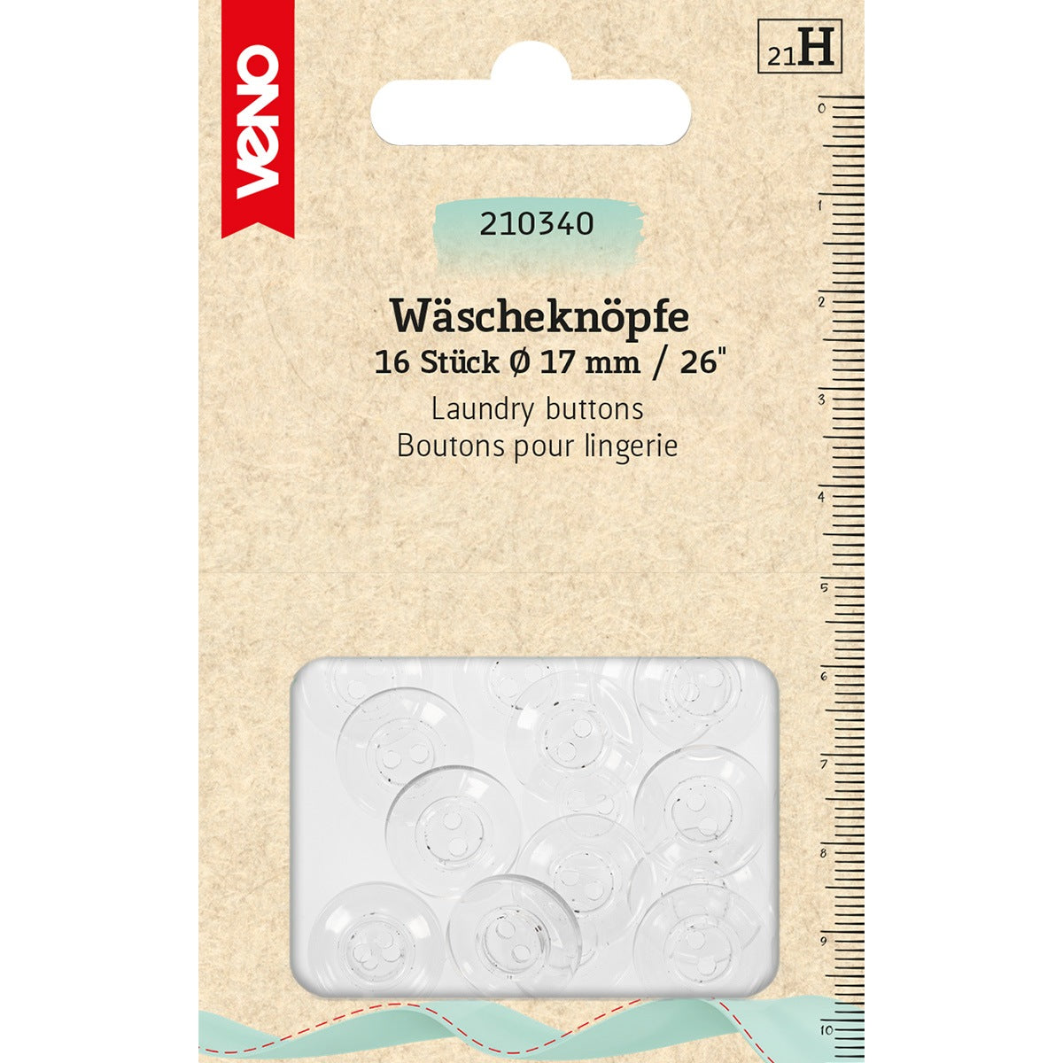 Wäscheknöpfe 17 mm in Transparent von VENO – Ansicht eines 18er-Packs auf weißem Hintergrund